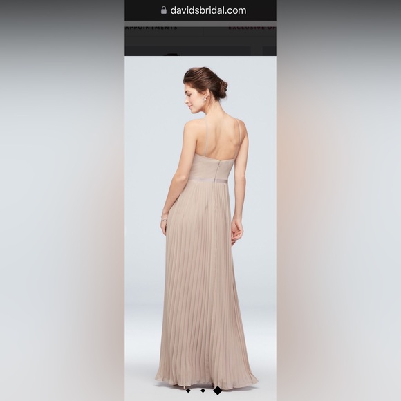 Davids Bridal Bridesmaid Dress Steel Blue Sz 4 Chiffon Halter Neck Pleated Skirt - Picture 2 of 16